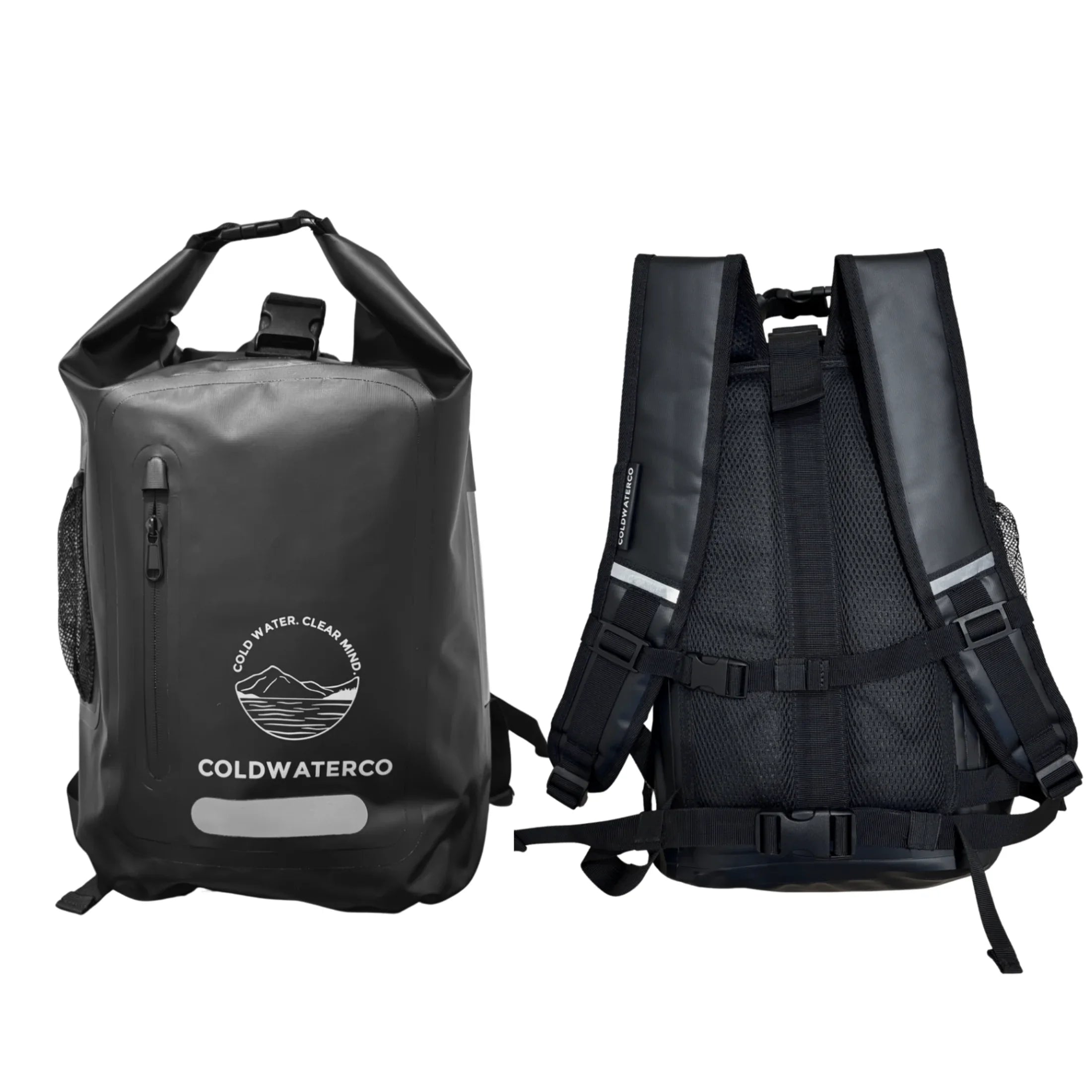 Black waterproof backpack back and front view on white background