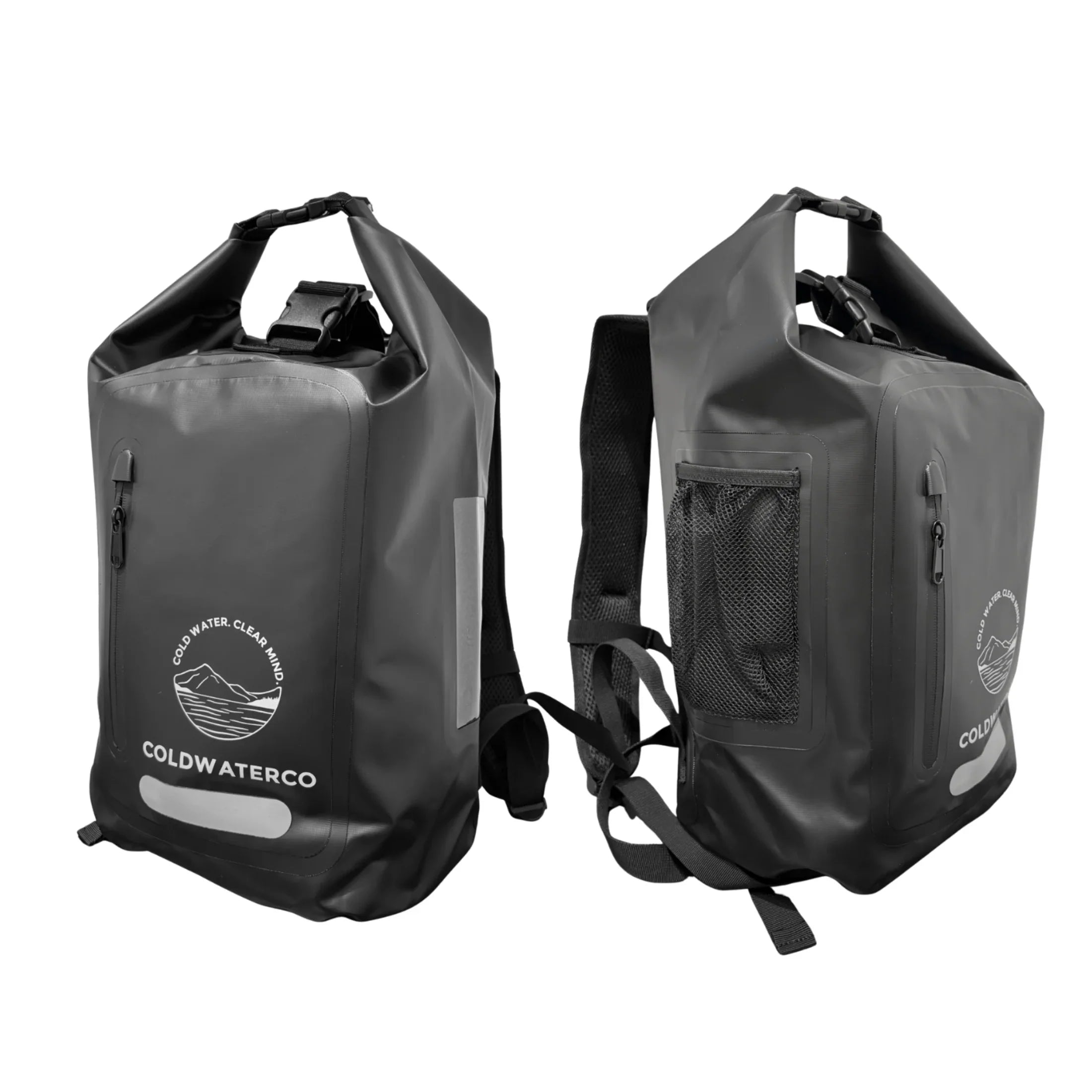 Black waterproof backpack side views against white background