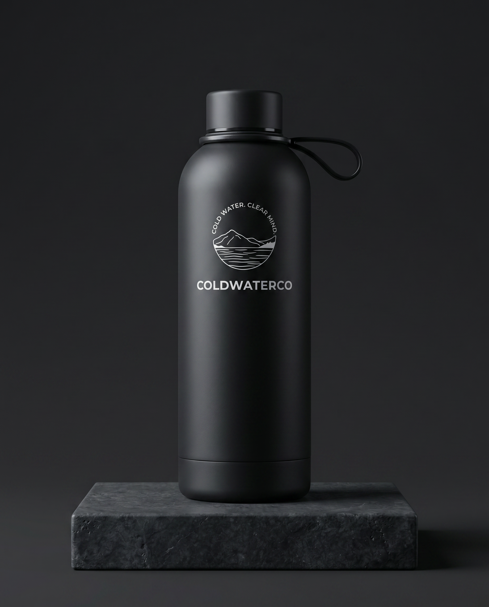 Black water bottle with 'COLDWATERCO' logo on a dark background