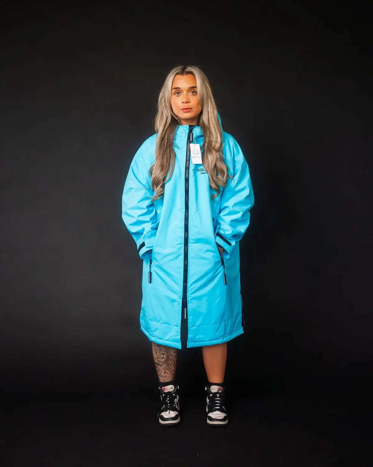 Studio shoot lady in blue ColdWaterCo changing robe