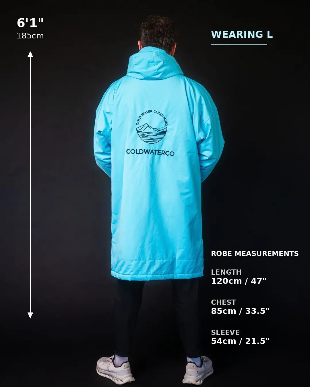 A person shown from the back wearing a bright aqua hooded robe or coat with a large back logo and text reading Coldwaterco. The image includes measurement annotations: 6'1" / 185cm height, robe measurements (120cm length, 85cm chest, 54cm sleeve), and 'WEARING L'.