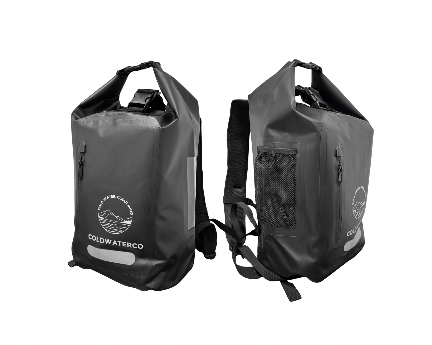 Black waterproof backpack side views against white background