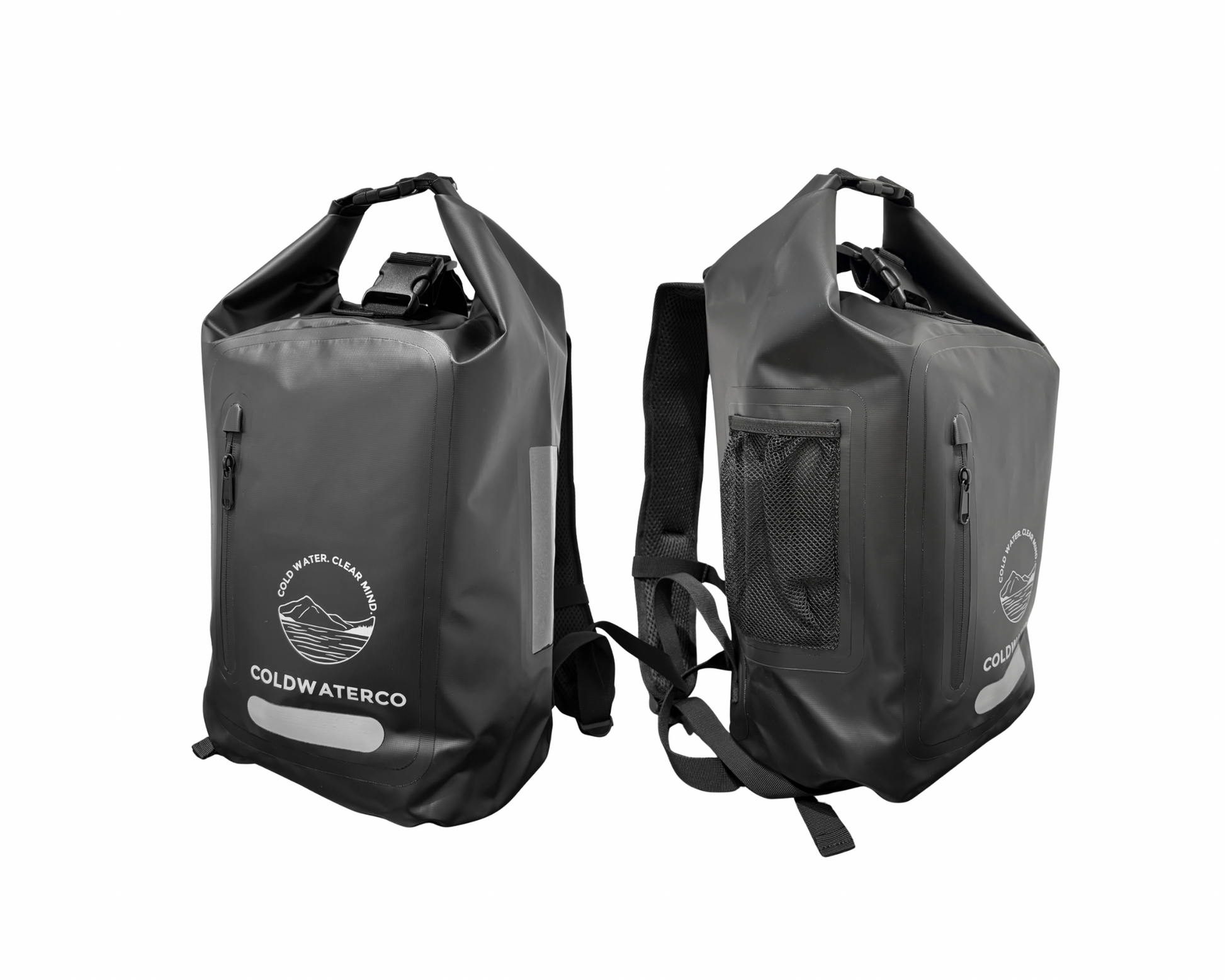 Black waterproof backpack side views against white background