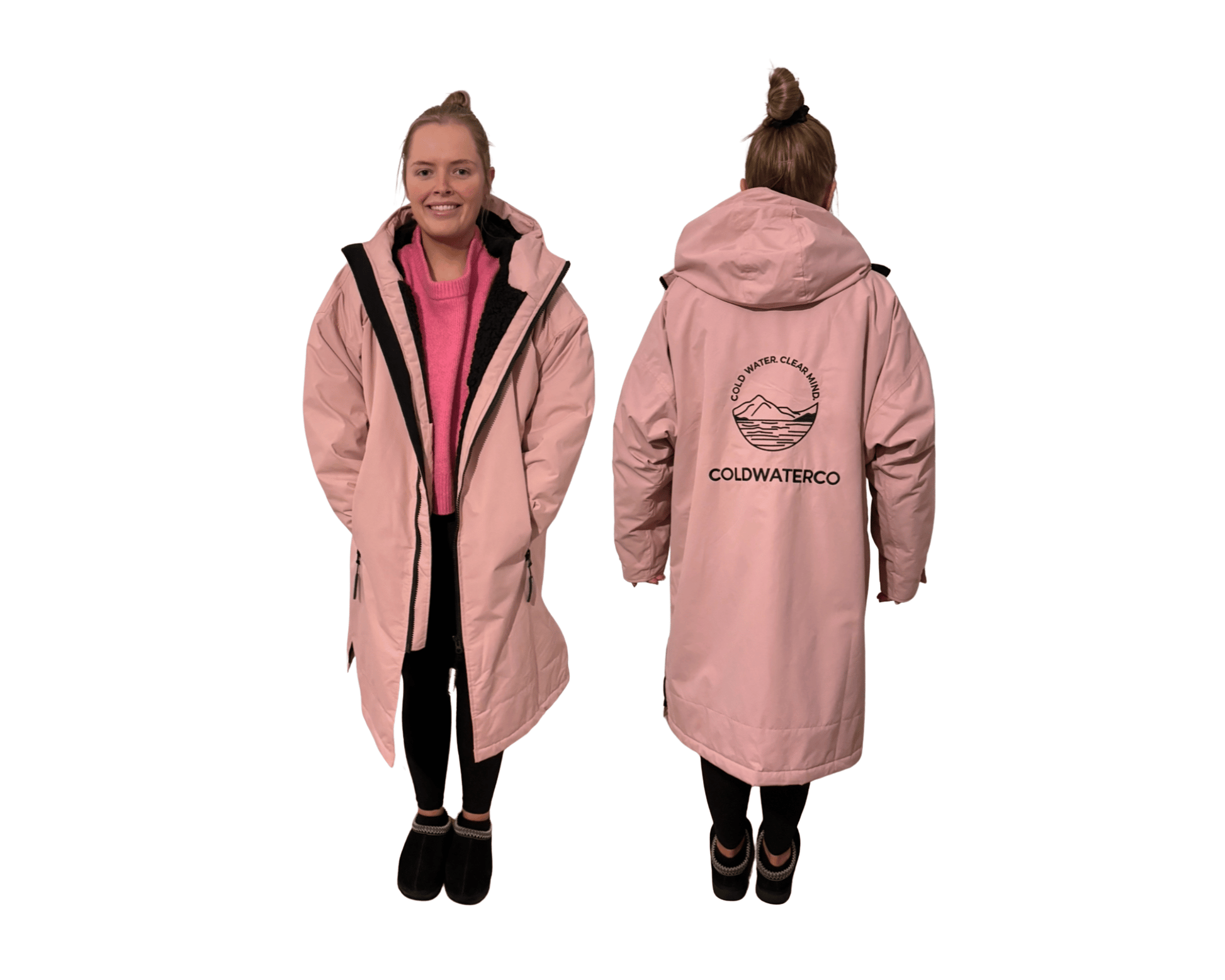 Woman wearing pink changing robe against white background