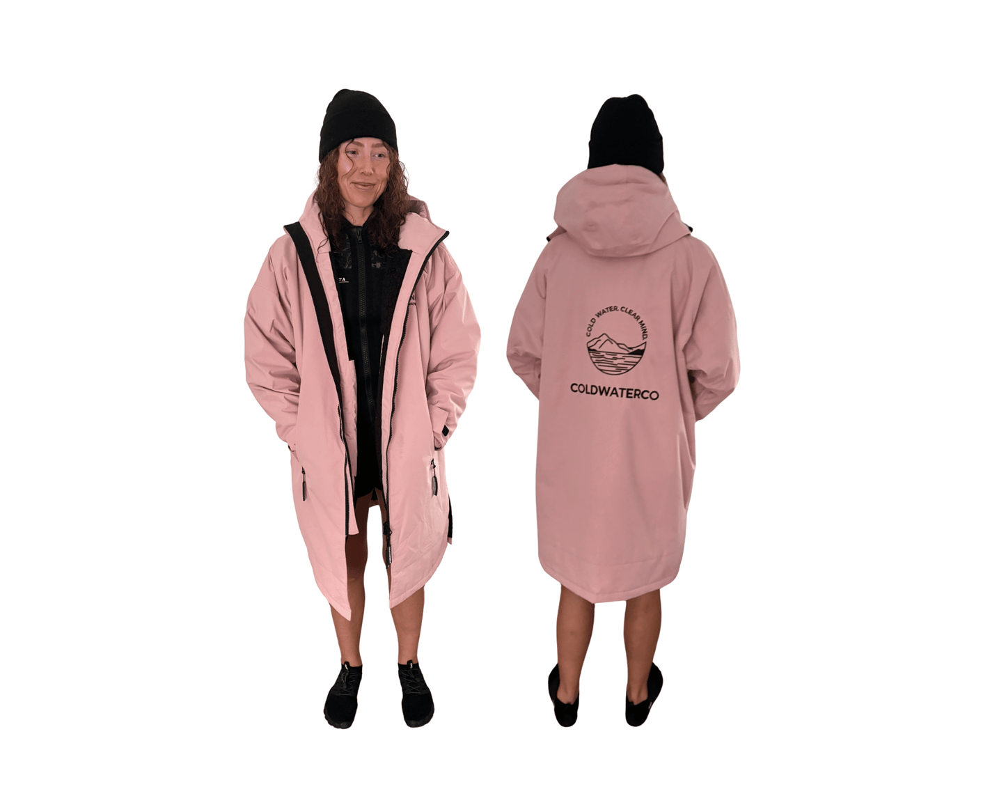 Woman in pink changing robe against white background