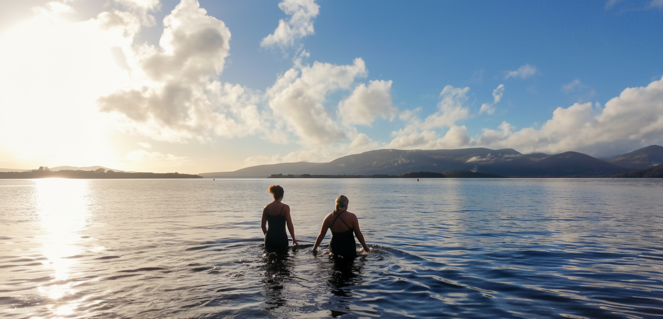 two swimmers in a cold loch