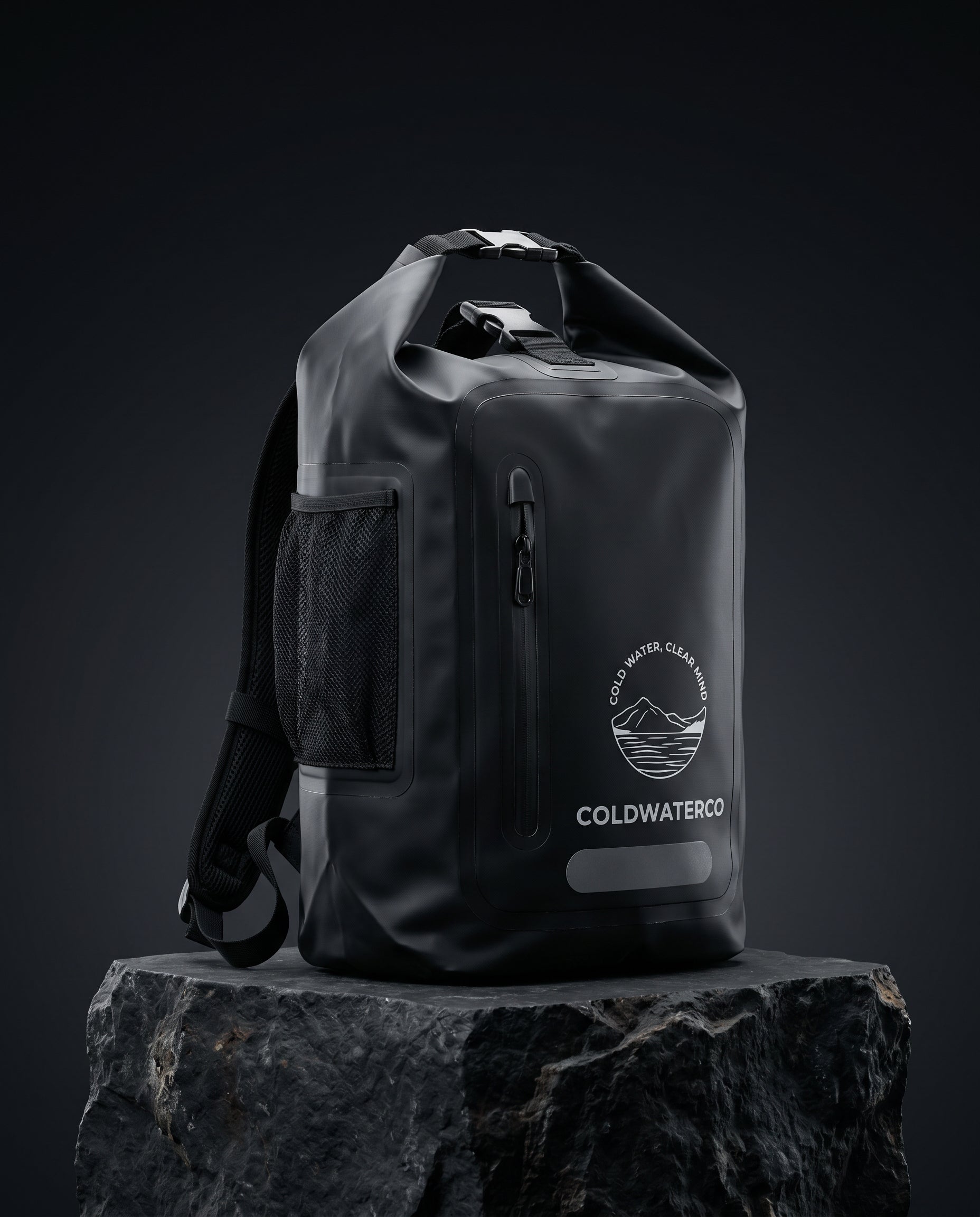 Black backpack with a visible brand logo on a dark background