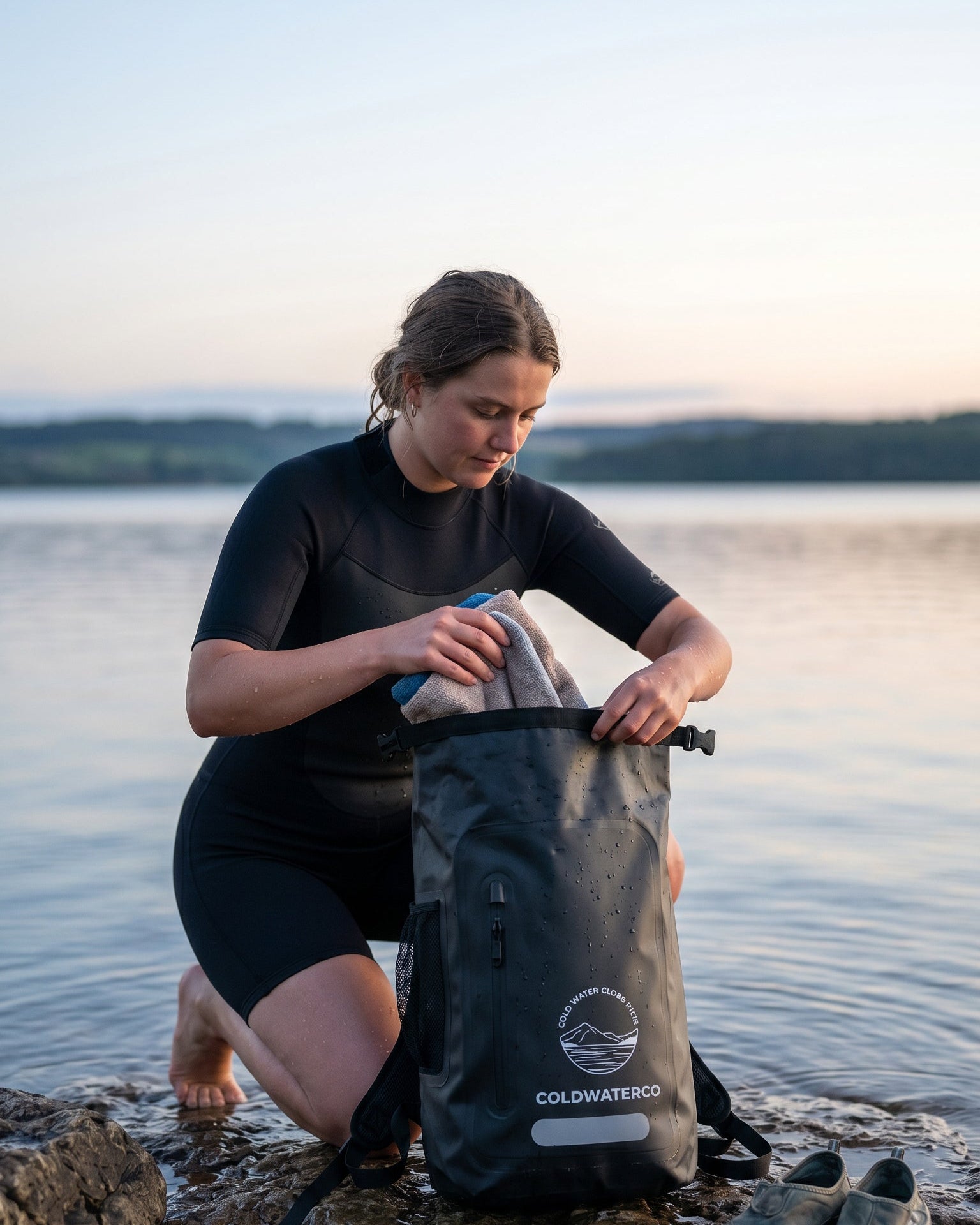 Person in a wetsuit opening a waterproof bag by a lake at sunset