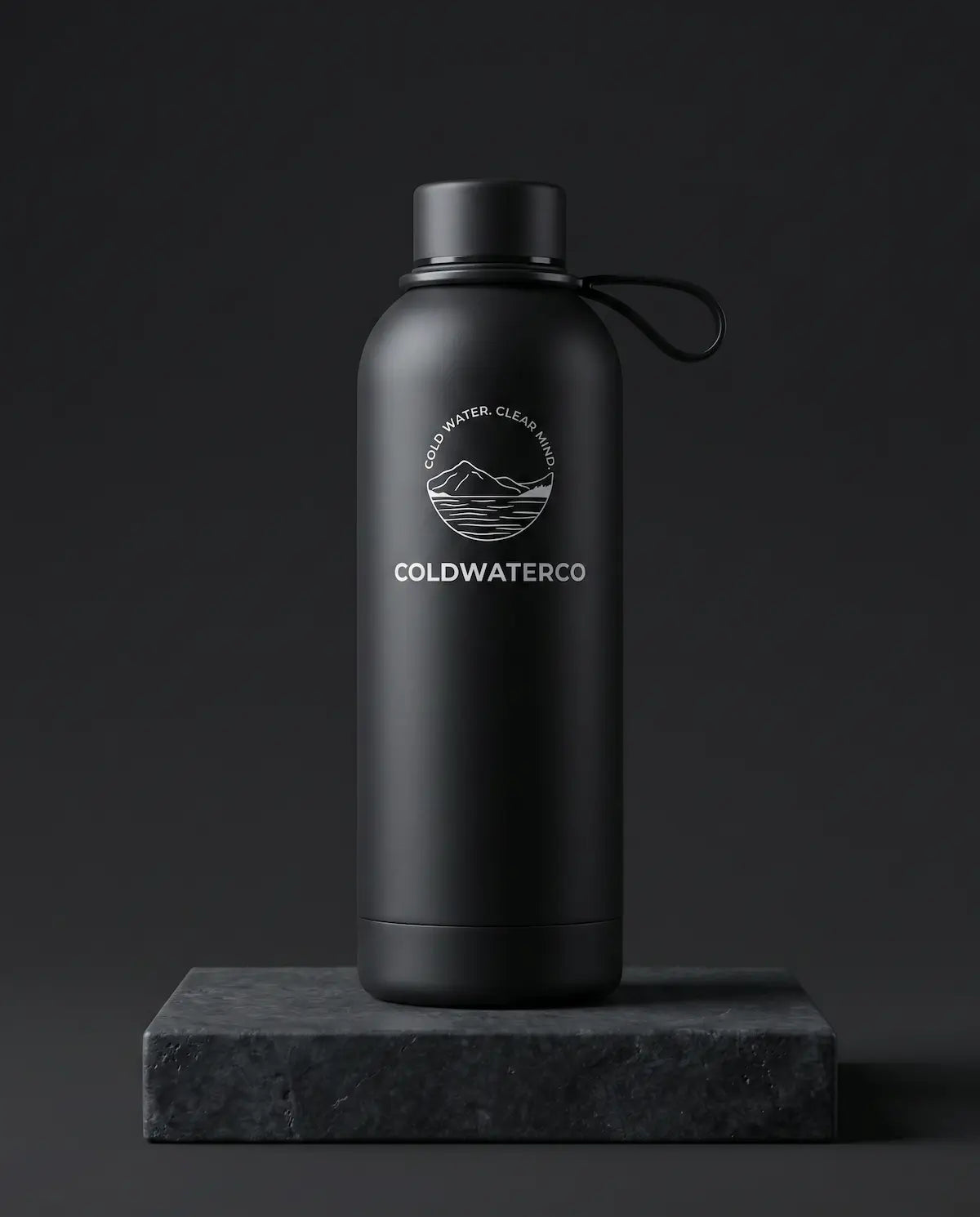 Black water bottle with 'COLDWATERCO' logo on a dark background