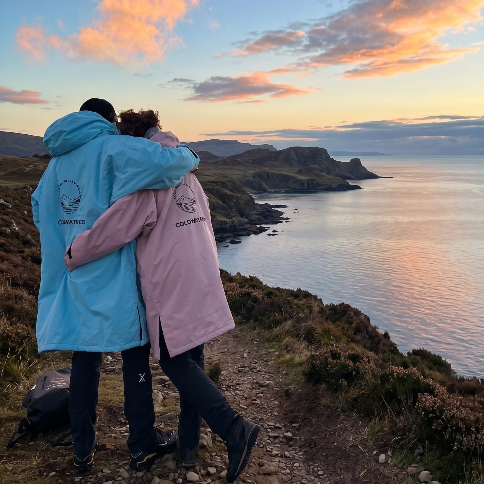 Two people embracing on a cliff overlooking a scenic coastal view with a sunset in coldwaterco changing robes.
