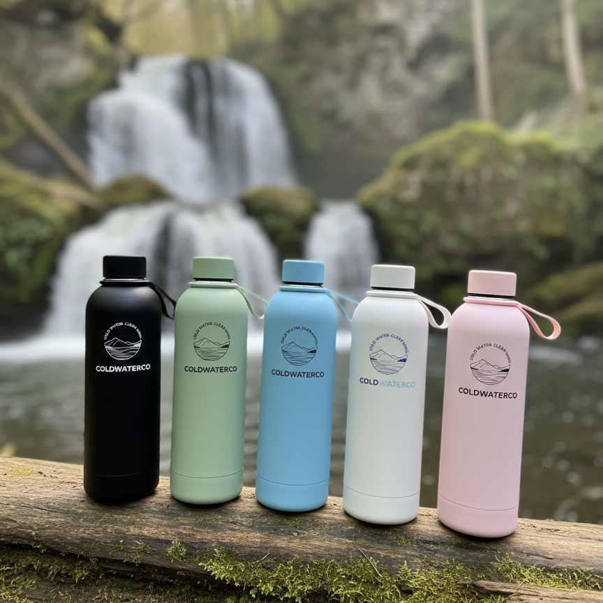 Five colorful water bottles on a log with a waterfall in the background