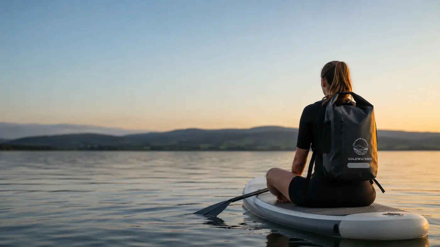 A woman sits on a paddle board on calm water at sunset, viewed from behind. She is wearing a black wetsuit and carrying a black ColdWaterCo waterproof backpack.