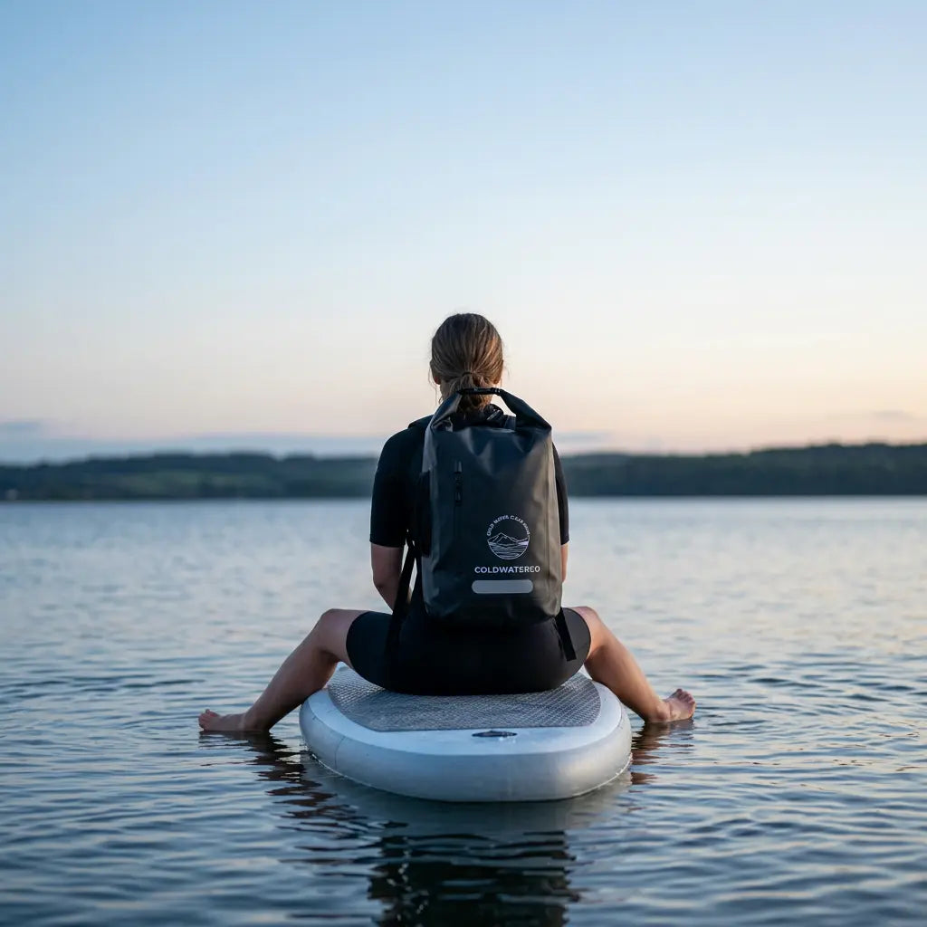 Person sitting on a paddleboard wearing a backpack with a sunset in the background