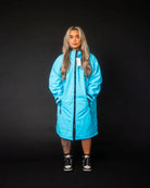 Studio shoot lady in blue ColdWaterCo changing robe