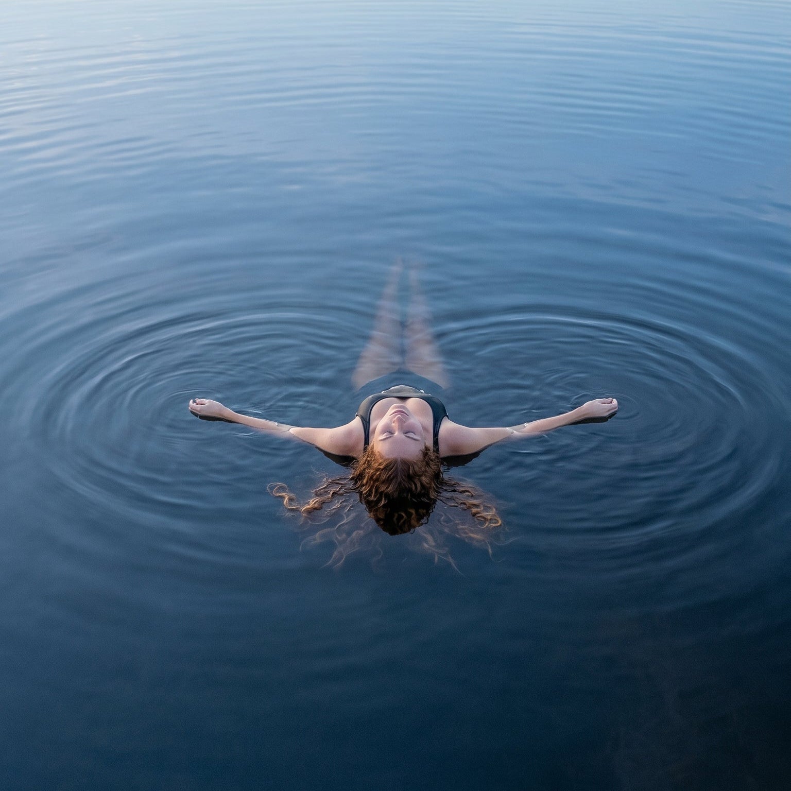 Person floating in a calm lake with mountains in the background